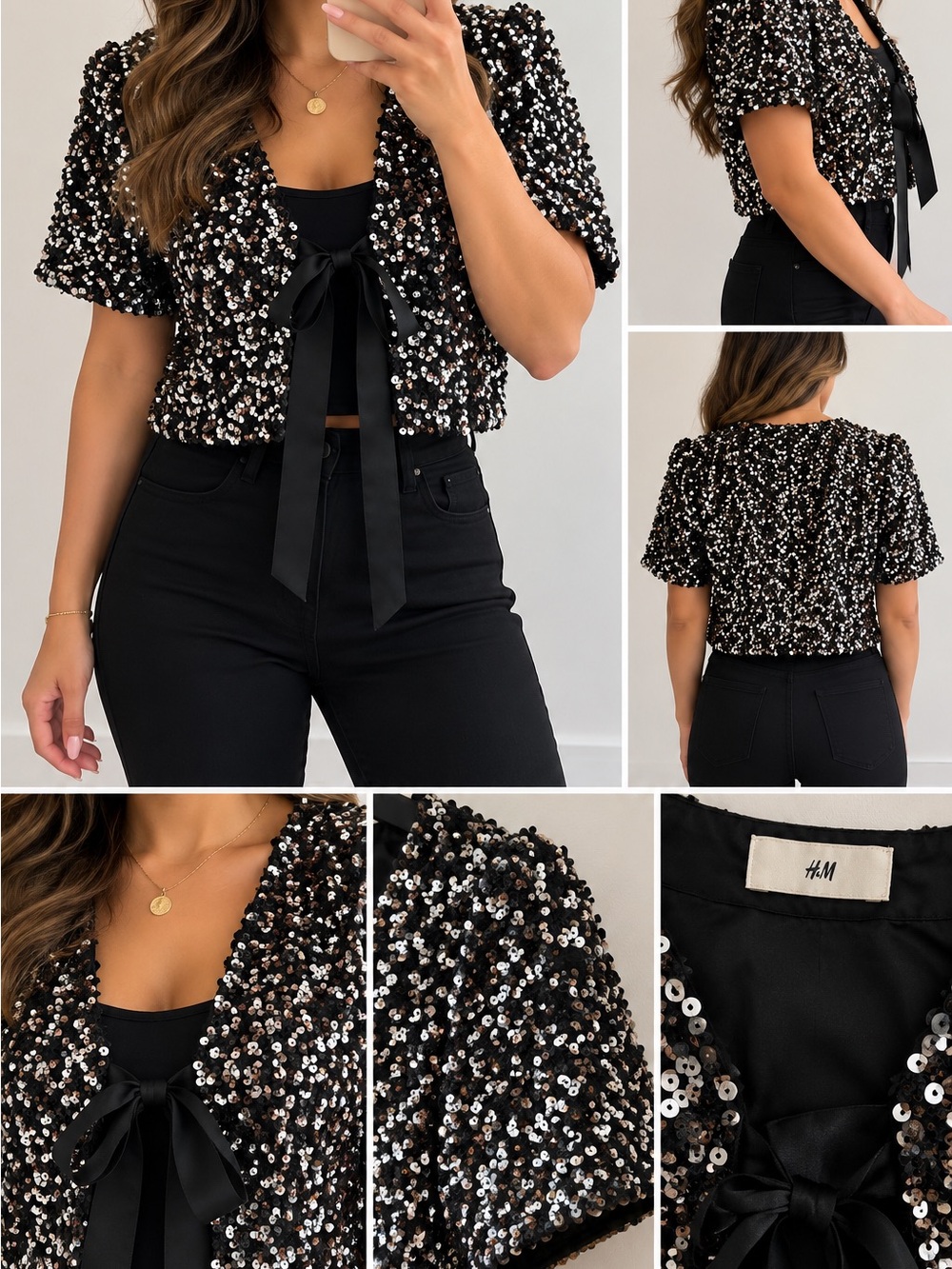 H&M Black Sequin Cropped Tie-Front Jacket